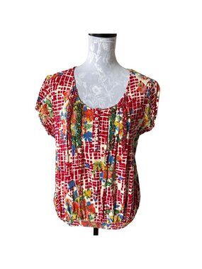 April Cornell Floral Womens Short Sleeve Top Blouse Boho Casual Large